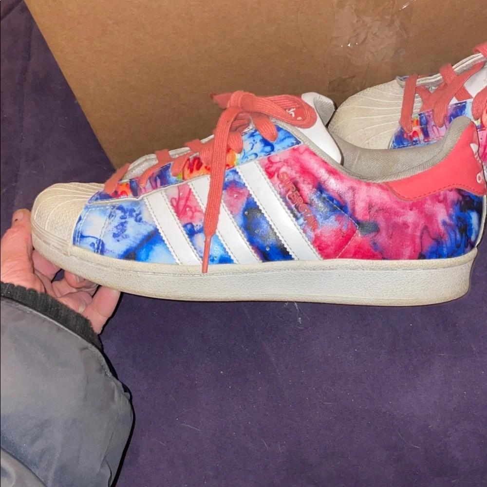 adidas Women's Pink and Blue TieDye Sneakers tag says size 7 but fits larger!⬇️ - Picture 2 of 3